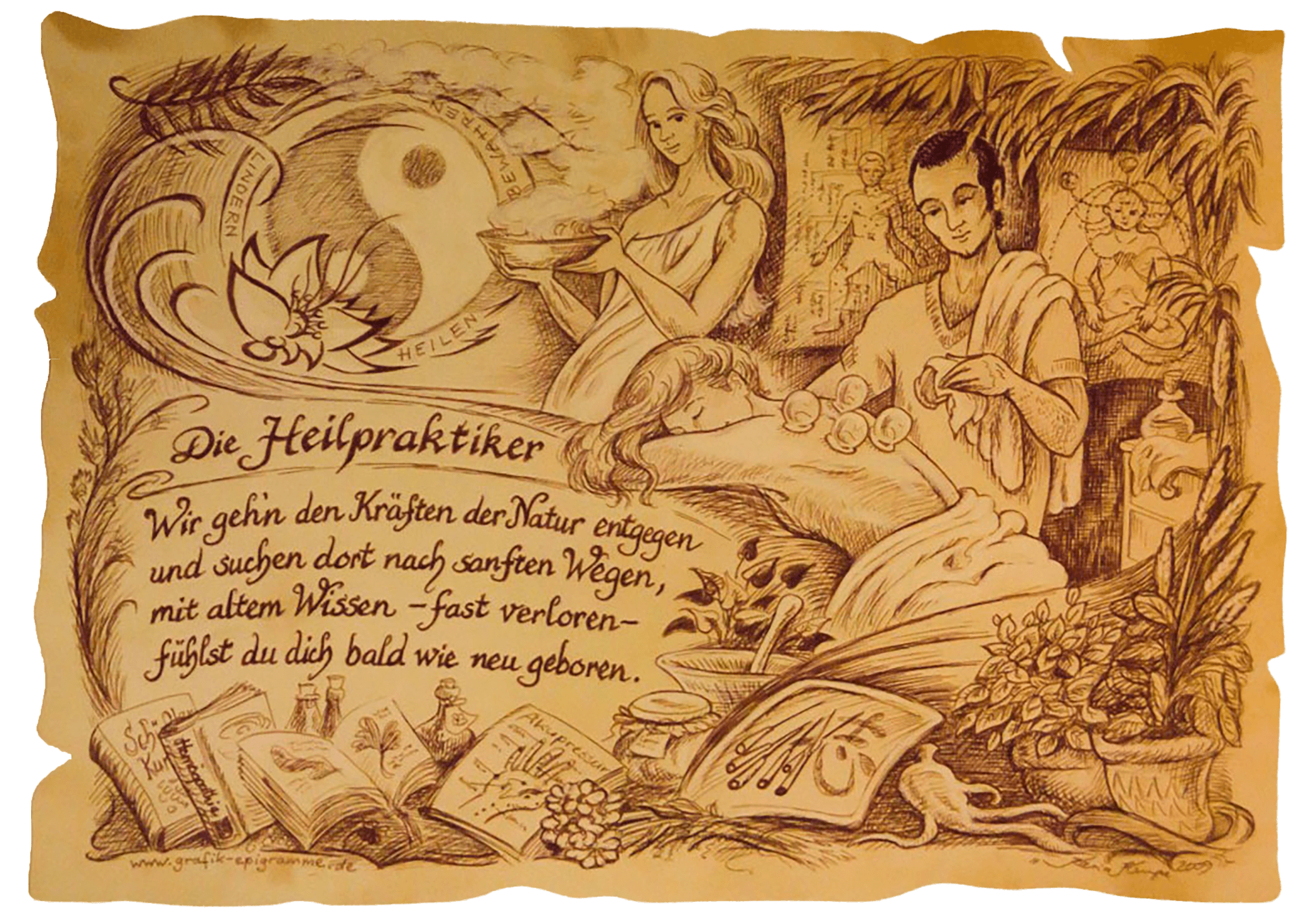 Historisch gestaltete Illustration über die Arbeit von Heilpraktikern und die Kräfte der Natur